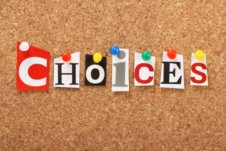 bulleting board with the word "choices" pinned
